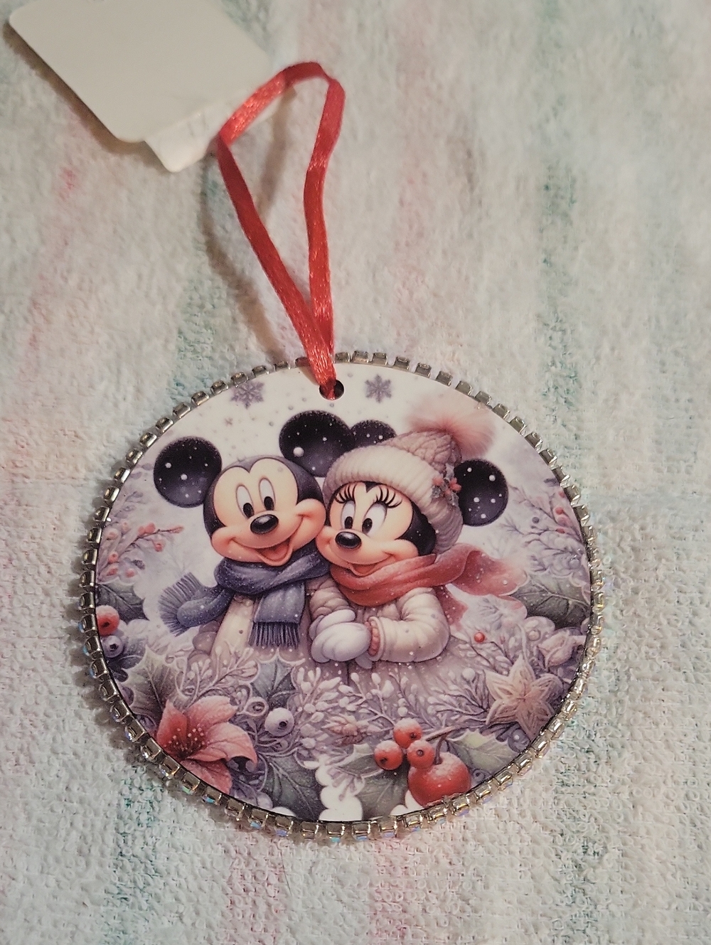 Disney Mickey & Minnie Holiday Ornament with Red Ribbon
